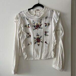 Free People White Blouse with Floral Embroidery